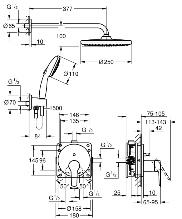 Sistem de dus Grohe 25292000, Start, tip incastrare incastrat, pentru dus, tip comanda monocomanda, crom [6]