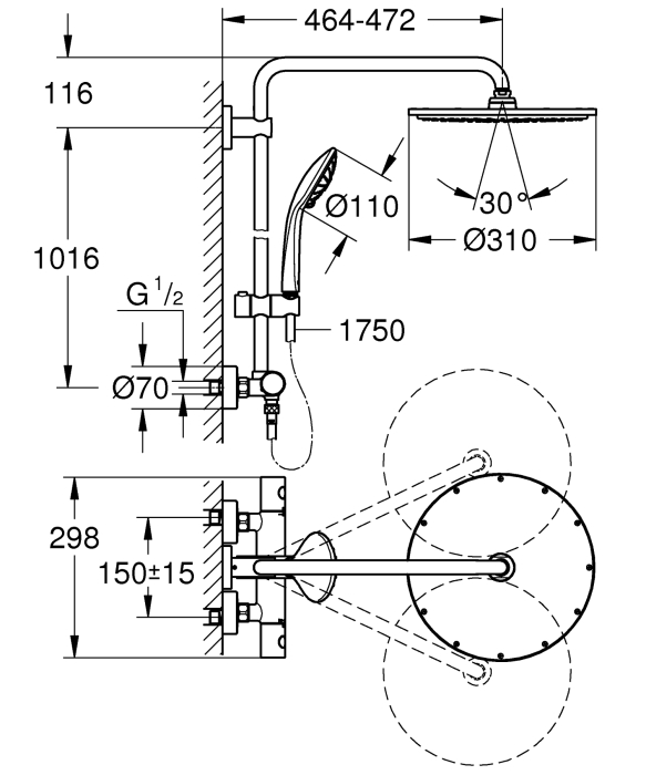 Sistem de dus Grohe 26075A00, Euphoria 310, 1/2'', aparent, termostat, 310 mm, anti-oparire, 3 functii, lucios, grafit [2]