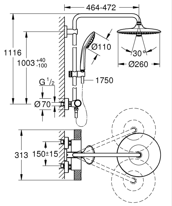 Sistem de dus Grohe 264032432, dus Vitalio Joy, tip incastrare aparent, pentru dus, termostat, negru [11]