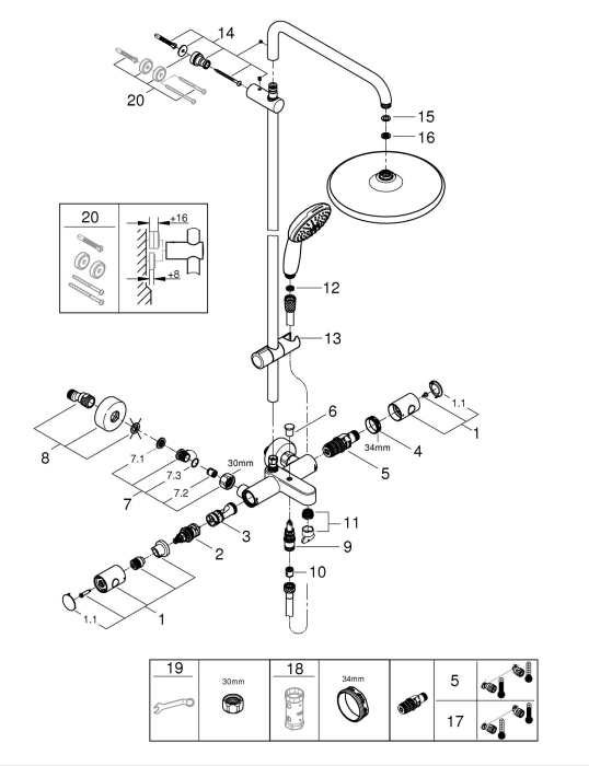 Sistem de dus Grohe 26672001, 250 mm, 1 bar, 110 mm, 1.75 m, 1588 mm, 412 mm, 1 functii palarie dus, Crom [9]