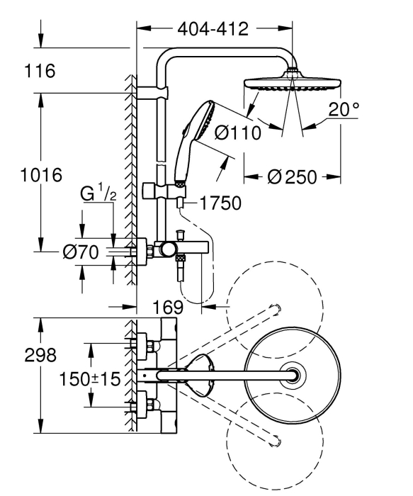 Sistem de dus Grohe 26978001, 250 mm, 1 bar, 110 mm, 1.75 m, 1132 mm, 412 mm, 1 functii palarie dus, Crom [6]