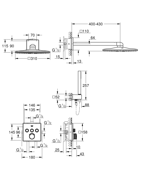 Sistem de dus Grohe 34712000, 310 mm, 1 bar, 66 mm, 1.5 m, 430 mm, 2 functii palarie dus, 1 functii para dus, Crom [6]