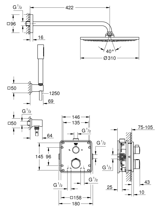 Sistem de dus Grohe 34730000, Grohtherm 310, tip incastrare incastrat, pentru un dus confortabil zilnic, crom [3]