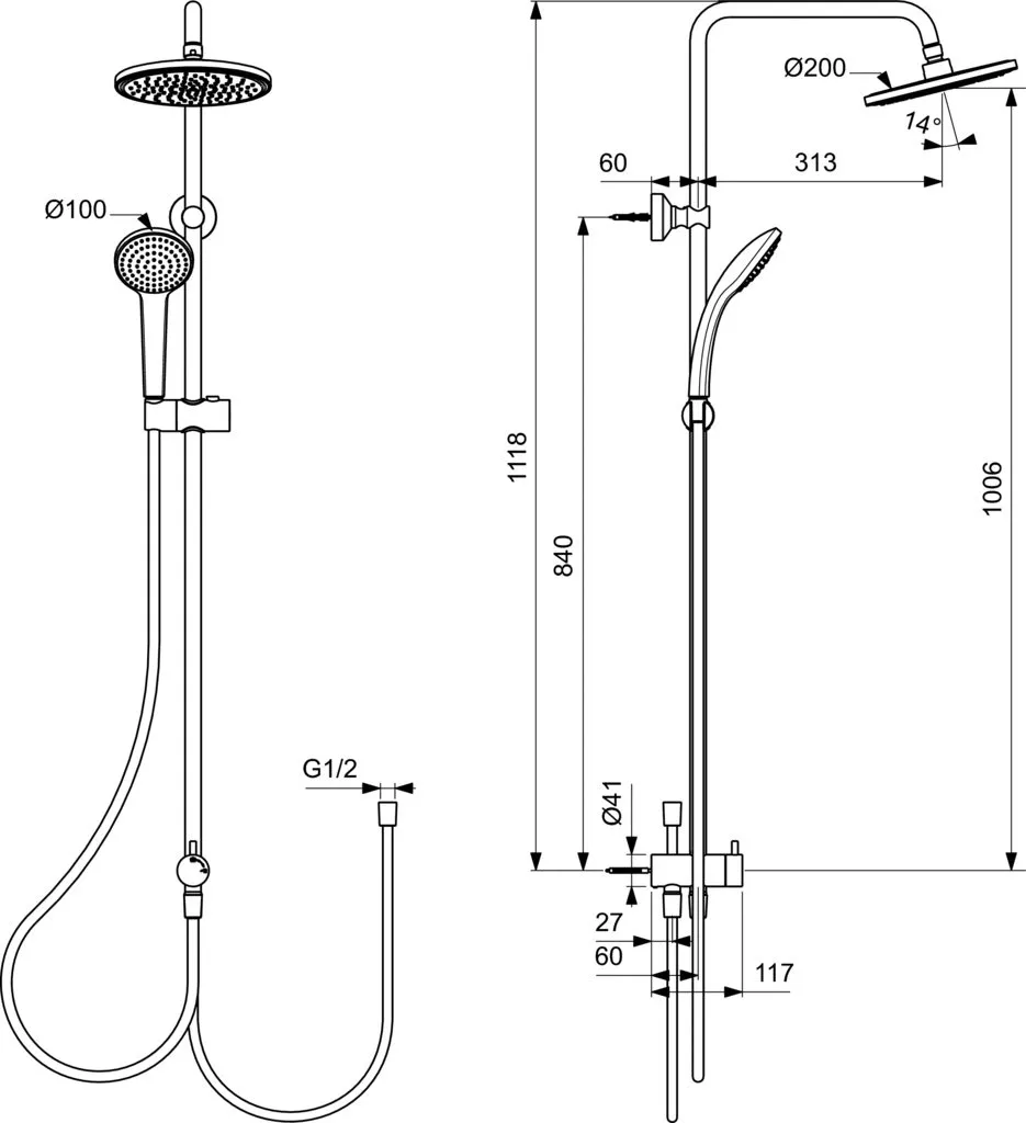 Sistem de dus Ideal Standard Cerafine BC499U4, 1/2'', aparent, pipa cada, 200 mm, 1 pulverizare, anti-calcar, mat, negru [8]