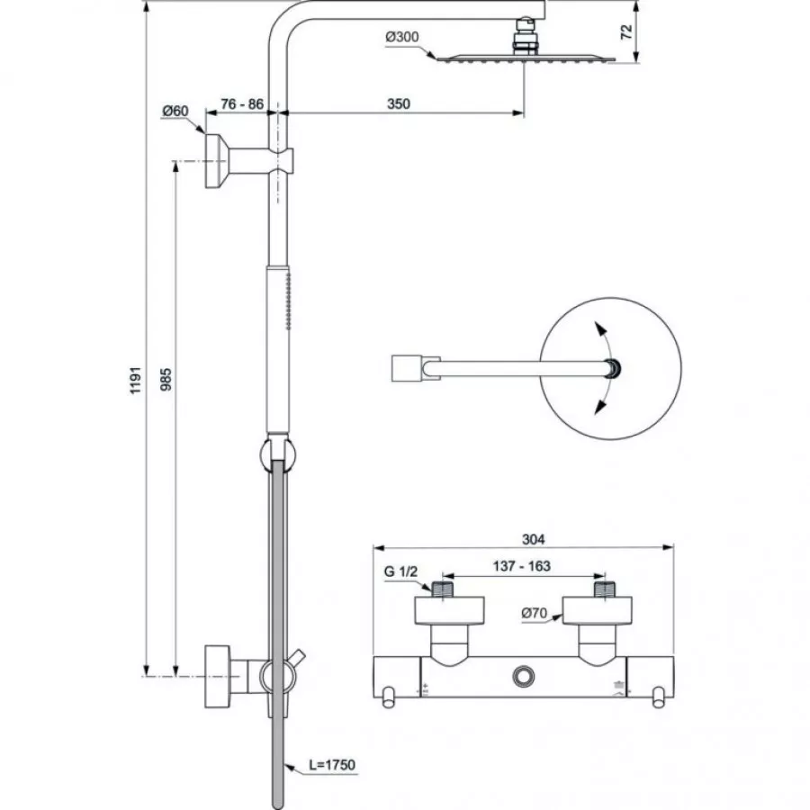 Sistem de dus Ideal Standard CeraTherm T125, aparent, termostat, 300 mm, 1 functie, mat, negru, A7589XG [6]