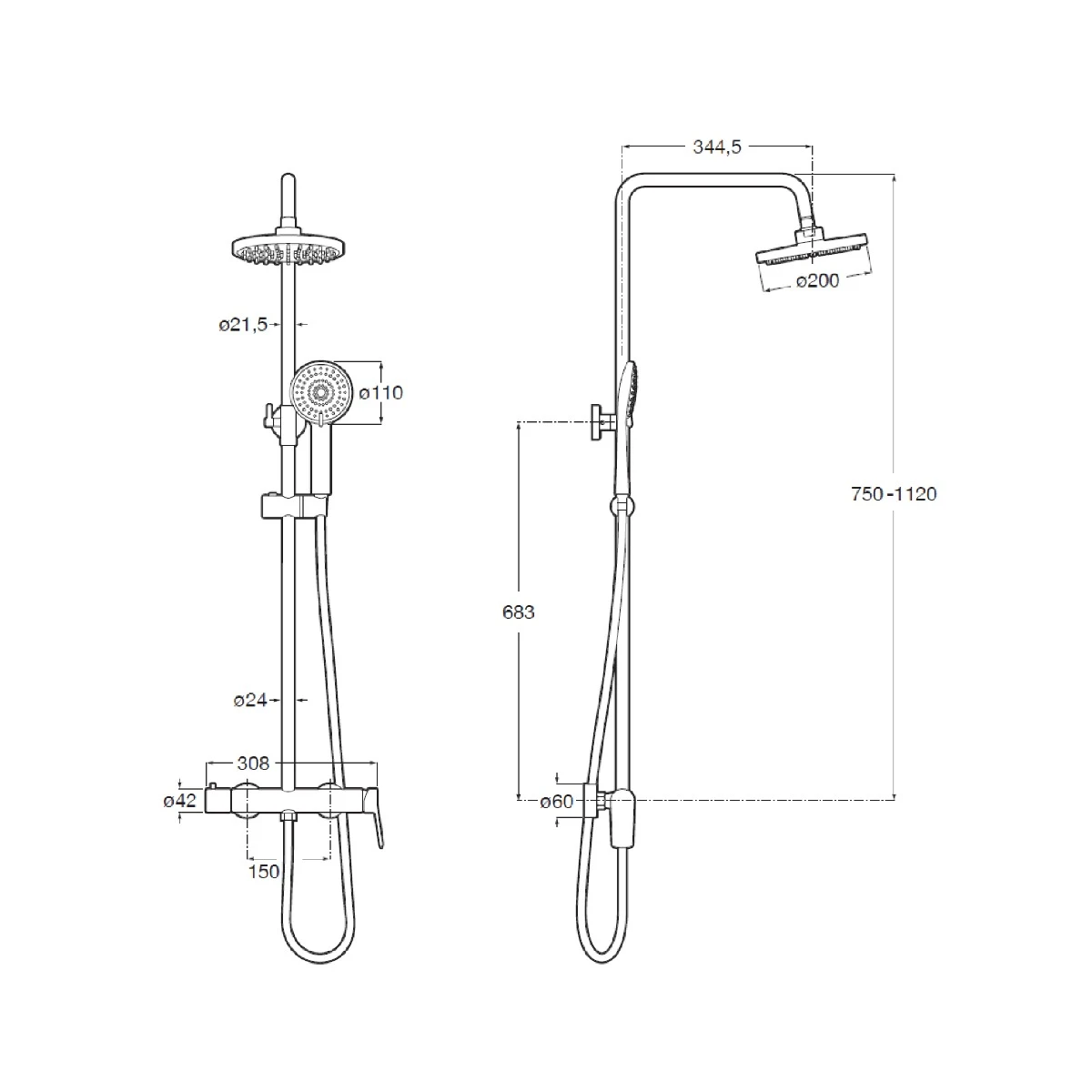 Sistem de dus Roca A5A976ENB0, 200 mm, 1 bar, 100 mm, 1.75 m, 1120 mm, 344 mm, 1 functii palarie dus, Negru [2]