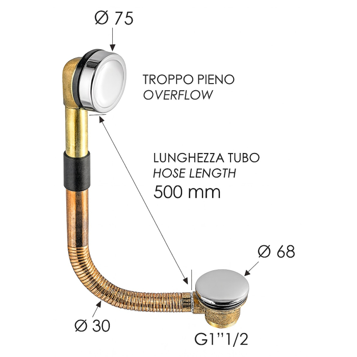 Sistem de scurgere cada Remer Rubinetterie Minutery 96CC, click-clack, tub din cupru, G1”1/2, diametru click-clack 68 mm, prea-plin 75 mm [2]