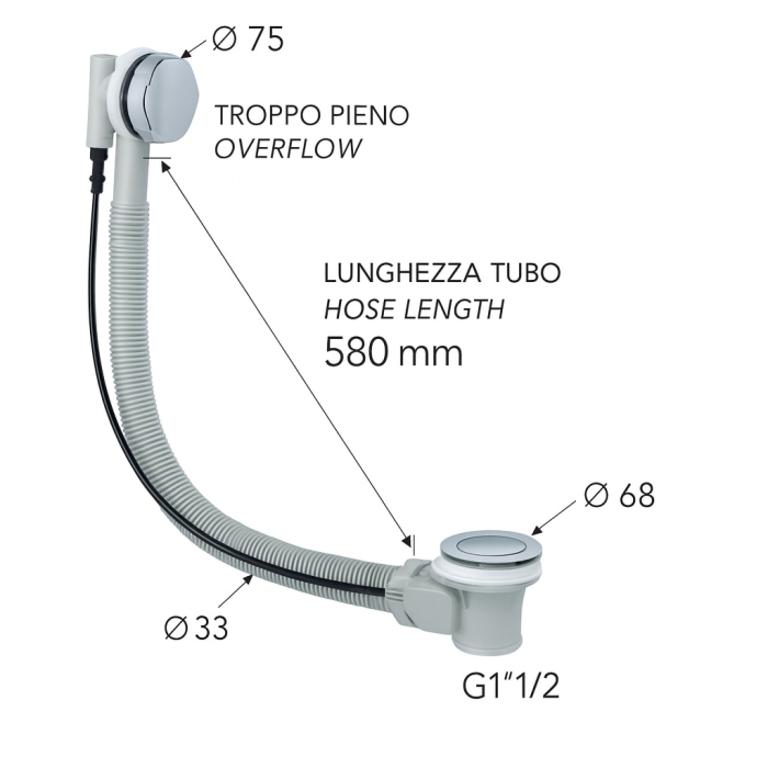Sistem de scurgere cada Remer Rubinetterie Minutery 96P, pop-up, plastic rezistent PP, G1”1/2, diametru scurgere 68mm, argintiu [2]
