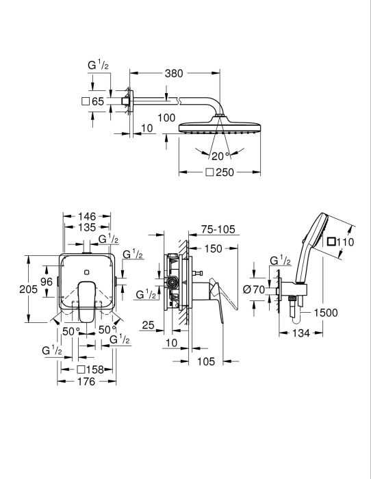 Sistem dus Grohe 1053362430, 250 mm, 1 bar, 110 mm, 1.5 m, 380 mm, 1 functii palarie dus, 3 functii para dus, Negru [6]