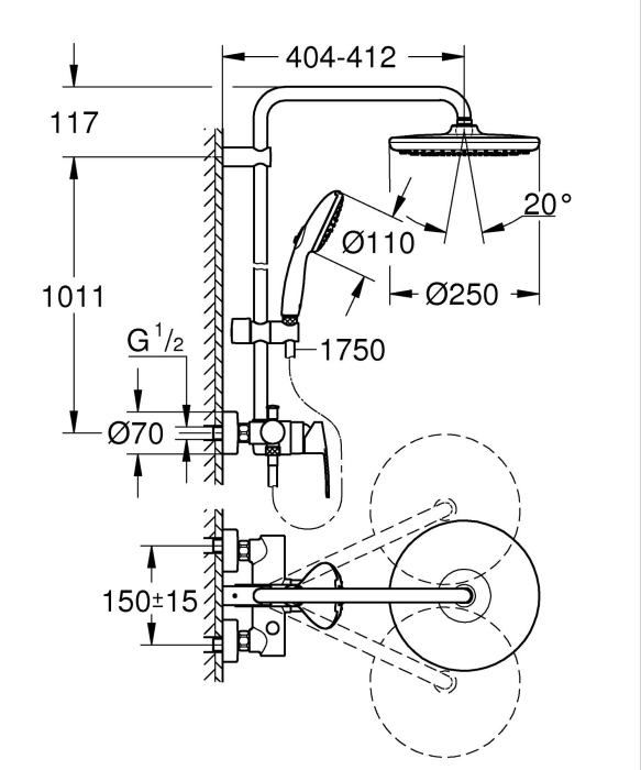 Sistem dus Grohe 266732431, 250 mm, 0.9 bar, 110 mm, 1.75 m, 1118 mm, 412 mm, 1 functii palarie dus, Negru [6]
