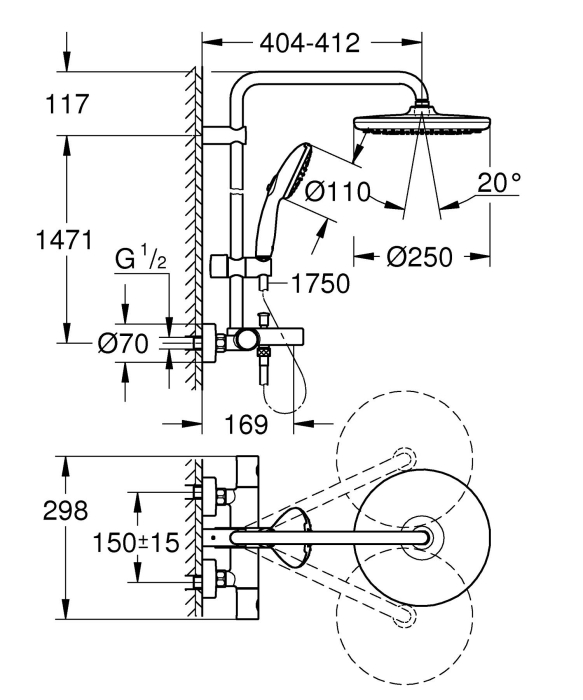 Sistem dus Grohe 269882431, 250 mm, 1 bar, 110 mm, 1.75 m, 1588 mm, 412 mm, 1 functii palarie dus, Negru [12]