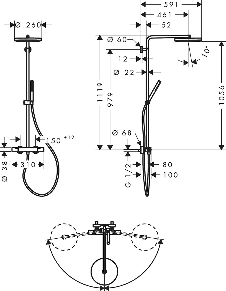 Sistem dus Hansgrohe Pulsify S Puro, aparent, termostat, 260 mm, 1 functie, crom, 24223000 [5]