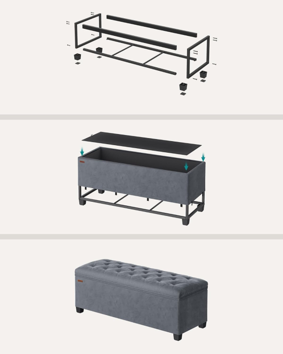 Banca cu spatiu de depozitare 110x40x40 cm, 103 litri, tapitata cu catifea, MDF si spuma, gri [6]