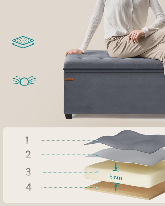 Banca cu spatiu de depozitare 110x40x40 cm, 103 litri, tapitata cu catifea, MDF si spuma, gri [5]