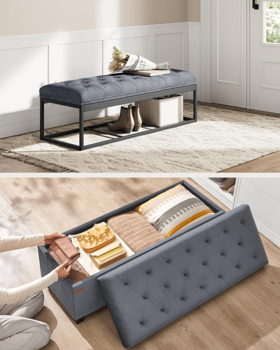 Banca cu spatiu de depozitare 110x40x40 cm, 103 litri, tapitata cu catifea, MDF si spuma, gri [4]