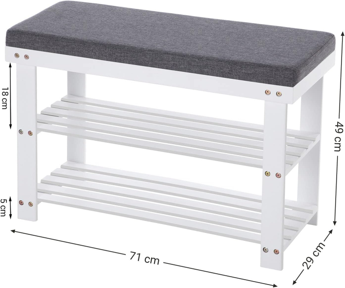 SONGMICS Banca pentru pantofi din bambus, 2 niveluri, cu perna, sarcina 150 kg, 71x29x49 cm, alb si gri [4]