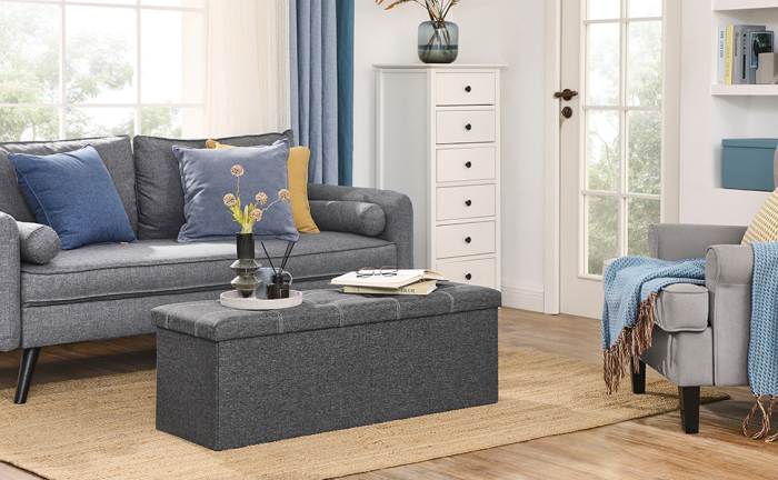 Bancheta pliabila cu spatiu de depozitare 110x38x38 cm, MDF si material textil, capacitate 300 kg, gri inchis [6]