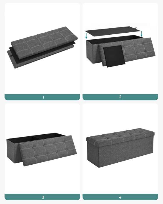 Bancheta pliabila cu spatiu de depozitare 110x38x38 cm, MDF si material textil, capacitate 300 kg, gri inchis [2]