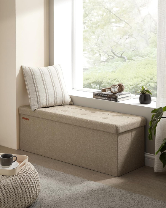 bancheta pliabila cu spatiu de depozitare 110x38x38 cm, MDF si material textil, capacitate 300 kg, maro camel [2]