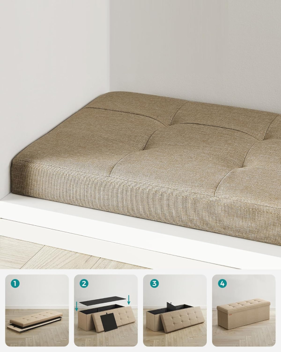 bancheta pliabila cu spatiu de depozitare 110x38x38 cm, MDF si material textil, capacitate 300 kg, maro camel [4]