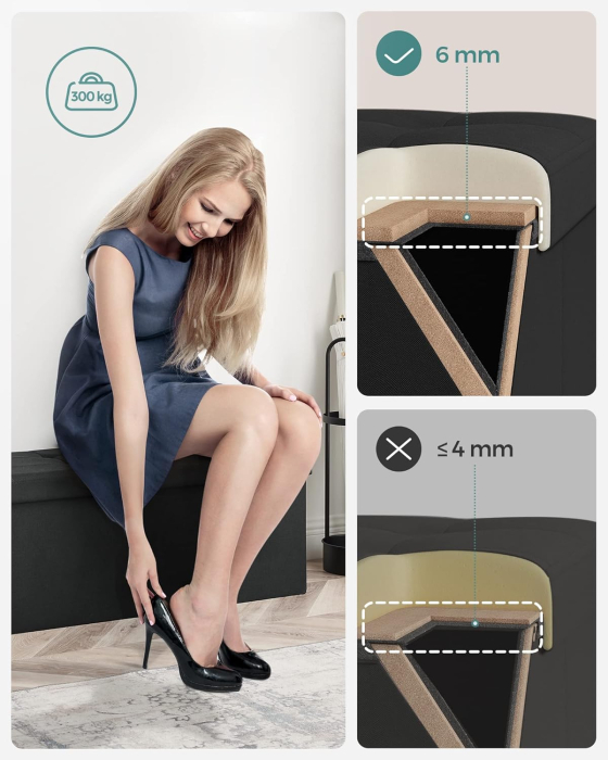 Bancheta pliabila cu spatiu de depozitare 110x38x38 cm, MDF si material textil, capacitate 300 kg, negru [2]