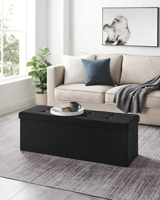Bancheta pliabila cu spatiu de depozitare 110x38x38 cm, MDF si material textil, capacitate 300 kg, negru [4]