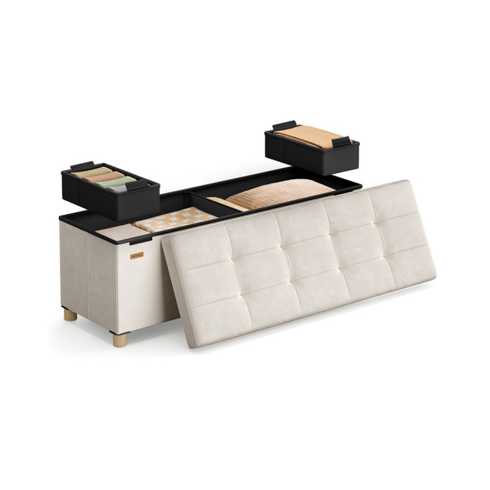Bancuta depozitare pliabila cu picioare din lemn, 112 litri, sezut din catifea, capacitate 300 kg, 38x110x40 cm, bej cappuccino [4]