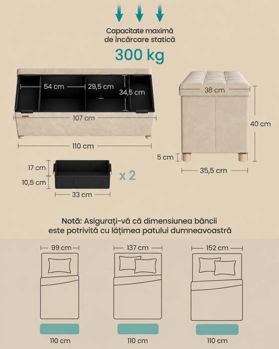 Bancuta depozitare pliabila cu picioare din lemn, 112 litri, sezut din catifea, capacitate 300 kg, 38x110x40 cm, bej cappuccino [6]