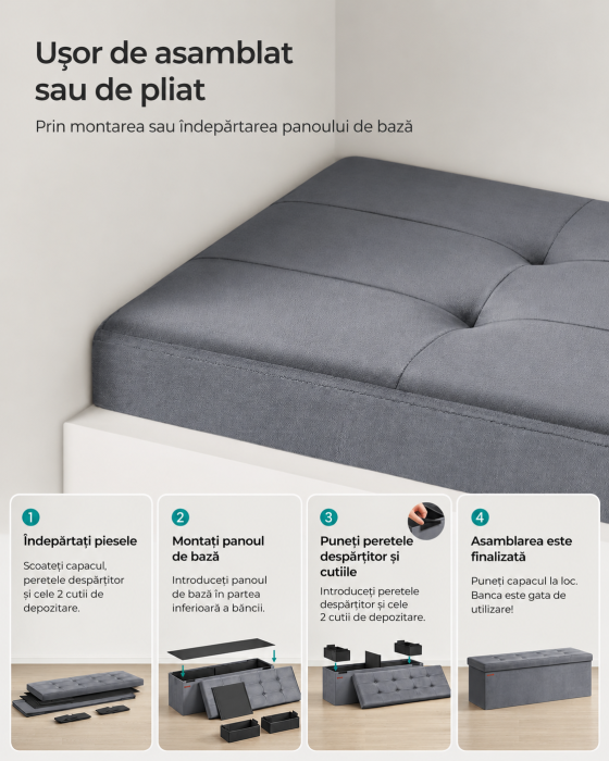 Bancuta pliabila cu spatiu de depozitare, catifea matlasata, 38x110x38 cm, capacitate 300 kg, gri [8]