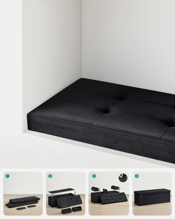 Bancuta pliabila cu spatiu de depozitare, catifea matlasata, 38x110x38 cm, capacitate 300 kg, negru [3]