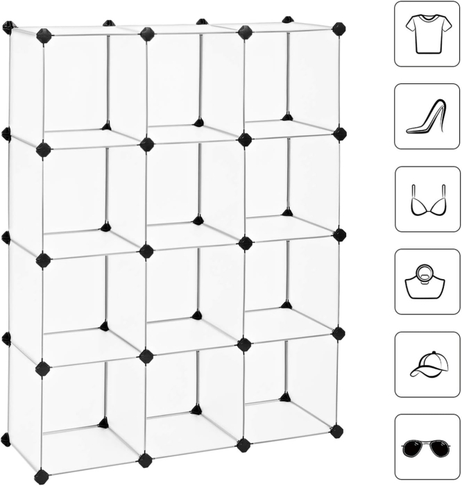 Biblioteca modulara cu 12 compartimente, rafturi cubice din plastic, montaj rapid, 93x31x123 cm, alb transparent [4]