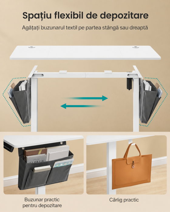 Birou electric reglabil pe inaltime, 120x60x(72-120) cm, memorie 4 pozitii, USB-C, cadru metalic, alb [7]
