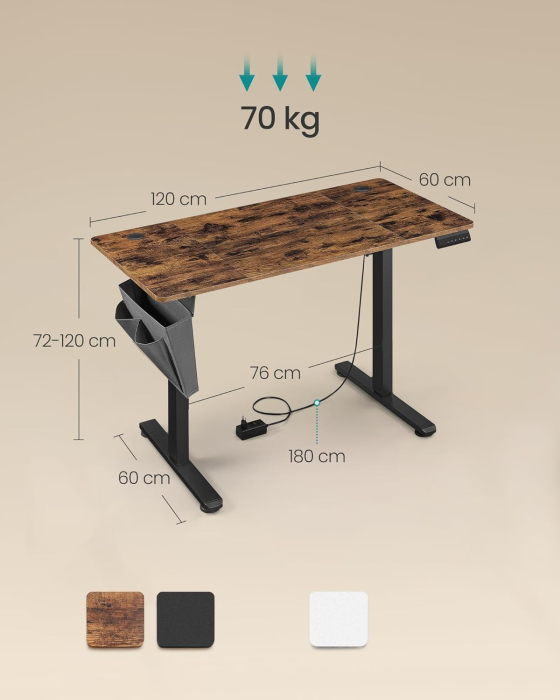 Birou electric reglabil pe inaltime, 120x60x(72-120) cm, memorie 4 pozitii, USB-C, cadru metalic, maro rustic [4]
