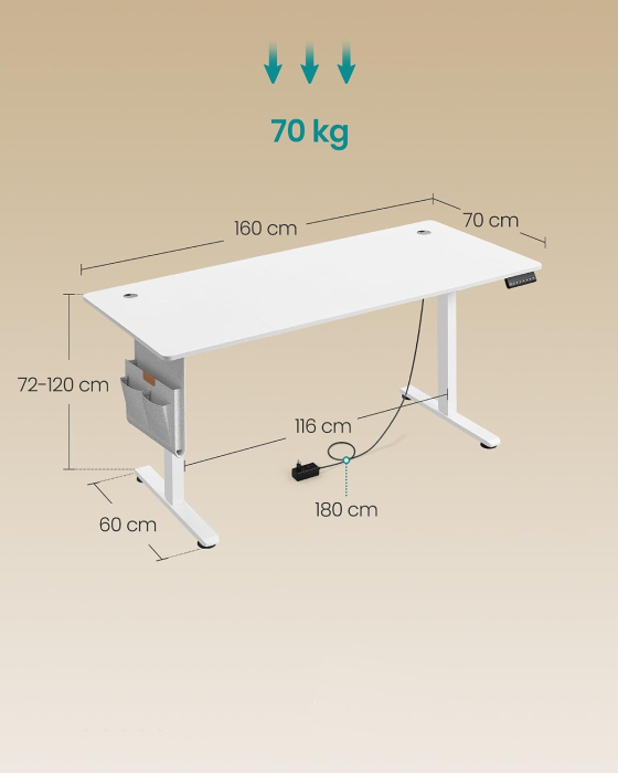 Birou electric reglabil pe inaltime, cadru metalic, functie memorie 4 pozitii, 160x70x(72-120) cm, alb [6]