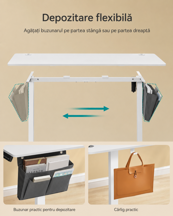 Birou reglabil electric, inaltime ajustabila 72-120 cm, cadru otel, blat PAL 140x60 cm, functie memorie 4 pozitii, alb [4]