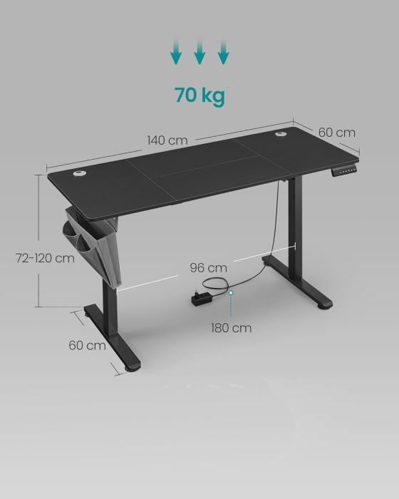 Birou reglabil electric, inaltime ajustabila 72-120 cm, cadru otel, blat PAL 140x60 cm, functie memorie 4 pozitii, negru [3]