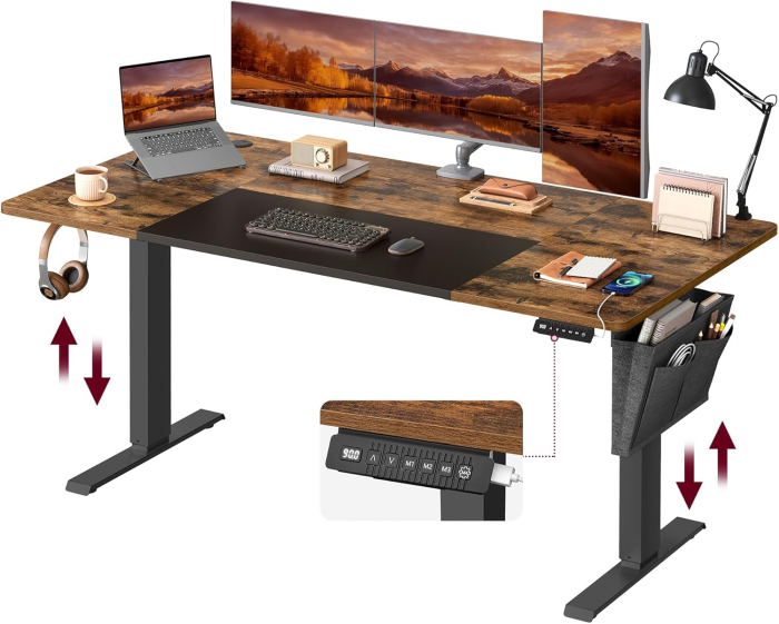 Birou reglabil electric pe inaltime, cadru metalic, blat lemn compozit, 160x70x120 cm, maro rustic [2]