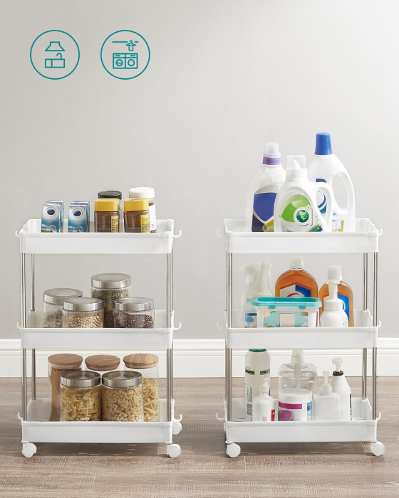 SONGMICS Carucior cu 3 niveluri, rafturi etajate detasabile, roti pivotante 360°, cadru metalic, 42x24x61 cm, alb [7]