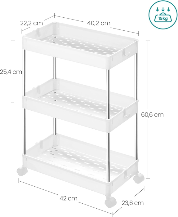 SONGMICS Carucior cu 3 niveluri, rafturi etajate detasabile, roti pivotante 360°, cadru metalic, 42x24x61 cm, alb [2]