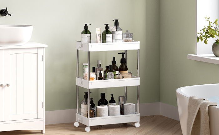 SONGMICS Carucior cu 3 niveluri, rafturi etajate detasabile, roti pivotante 360°, cadru metalic, 42x24x61 cm, alb [9]