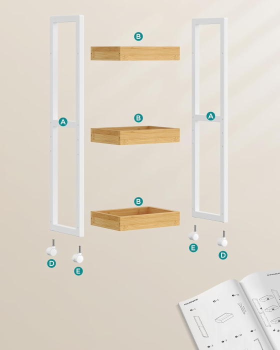Carucior de baie, raft ingust cu roti, bambus si MDF, 20x30x80 cm, alb si maro natur [6]
