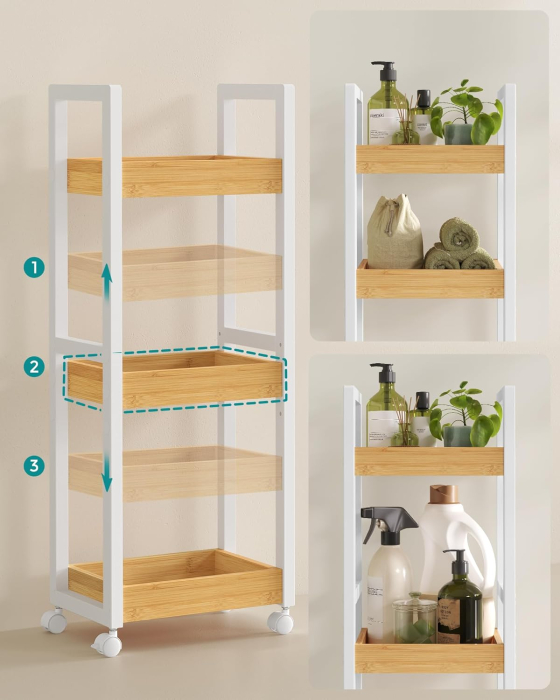 Carucior de baie, raft ingust cu roti, bambus si MDF, 20x30x80 cm, alb si maro natur [4]