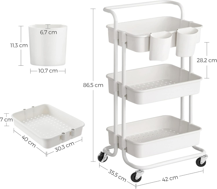 SONGMICS Carucior de depozitare pe roti, pentru bucatarie sau baie, cu 3 nivele, 42x34x86 cm, alb [7]
