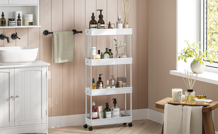 Carucior de depozitare pe roti, pentru bucatarie sau baie, din plastic, cu 4 nivele, 40x13x88cm, alb [7]