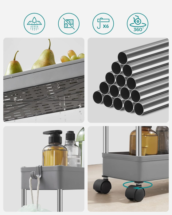 SONGMICS Carucior de depozitare pe roti, pentru bucatarie sau baie, din plastic, cu 4 nivele, 40x13x88cm, gri [4]