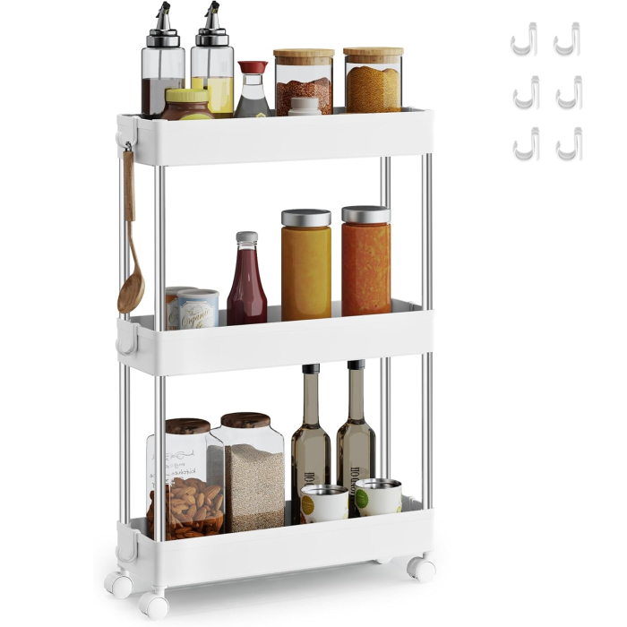 Carucior ingust de depozitare pe roti, pentru bucatarie sau baie, din plastic, cu 3 nivele, 42x14x61 cm, alb [8]