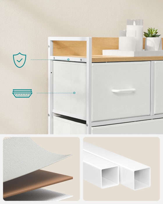 Comoda cu 5 sertare textile, cadru metalic si blat din PAL, design industrial, 98x29x70 cm, alb si stejar [3]