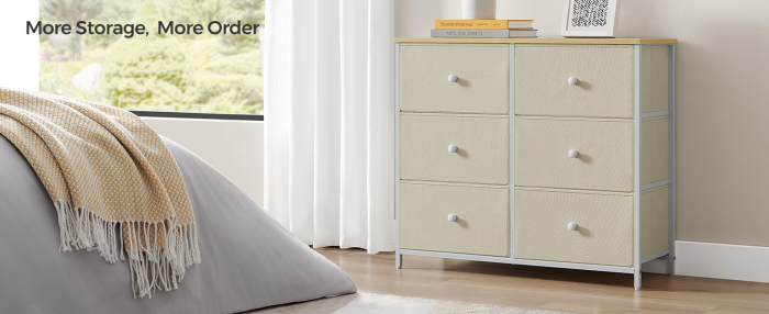 Comoda cu 6 sertare textile, cadru metalic, 80x30x71 cm, alb si crem [10]