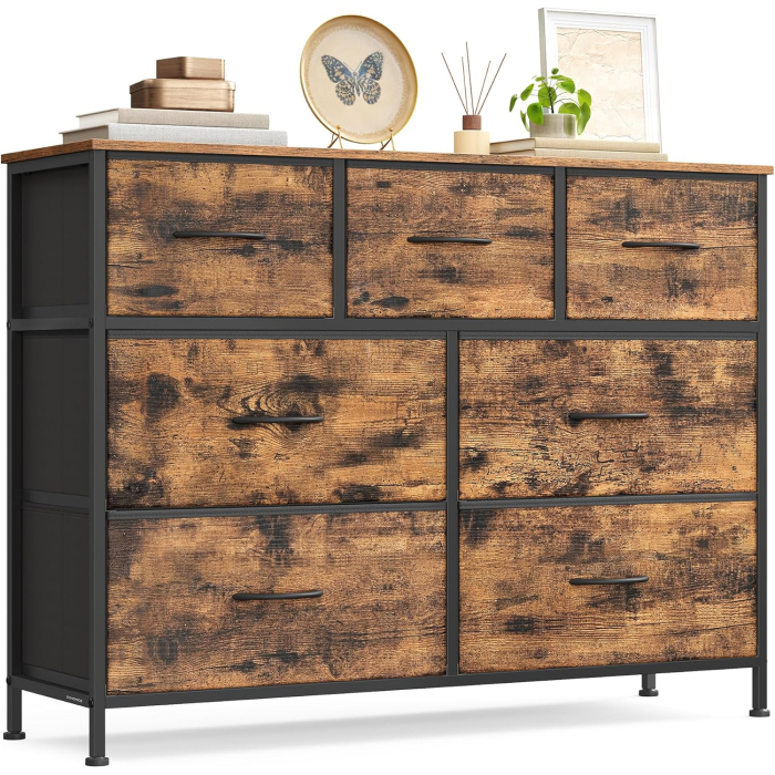 Comoda cu 7 sertare, cadru metalic si blat MDF, sertare textile, 99x30x74 cm, maro rustic [7]