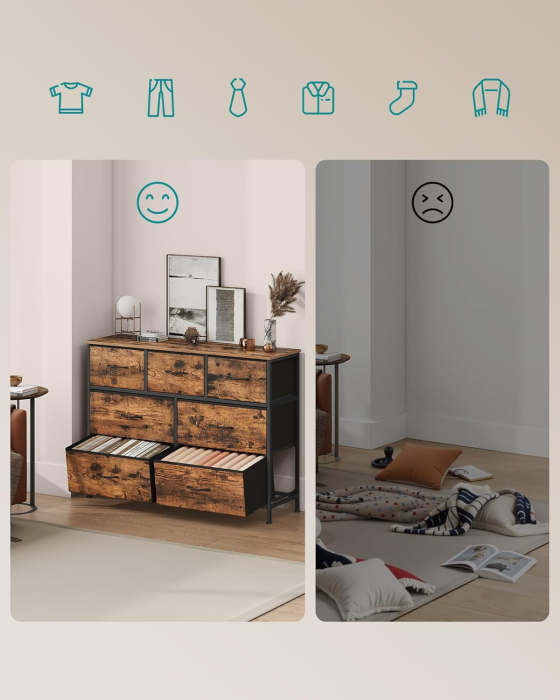 Comoda cu 7 sertare, cadru metalic si blat MDF, sertare textile, 99x30x74 cm, maro rustic [5]